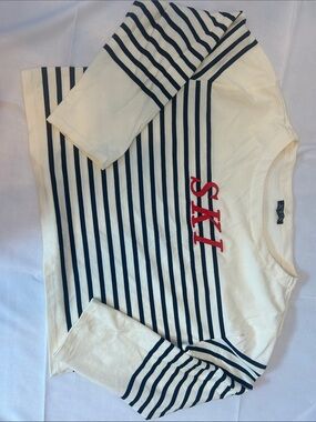 J. Crew Cream and Navy Striped Long-Sleeve Tee with Red SKI Appliqué